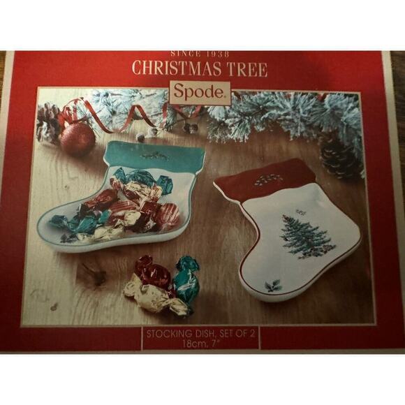 Spode Christmas Tree Stocking Candy Trinket Dishes Set of 2 Red & Green Small 7" - Picture 2 of 7